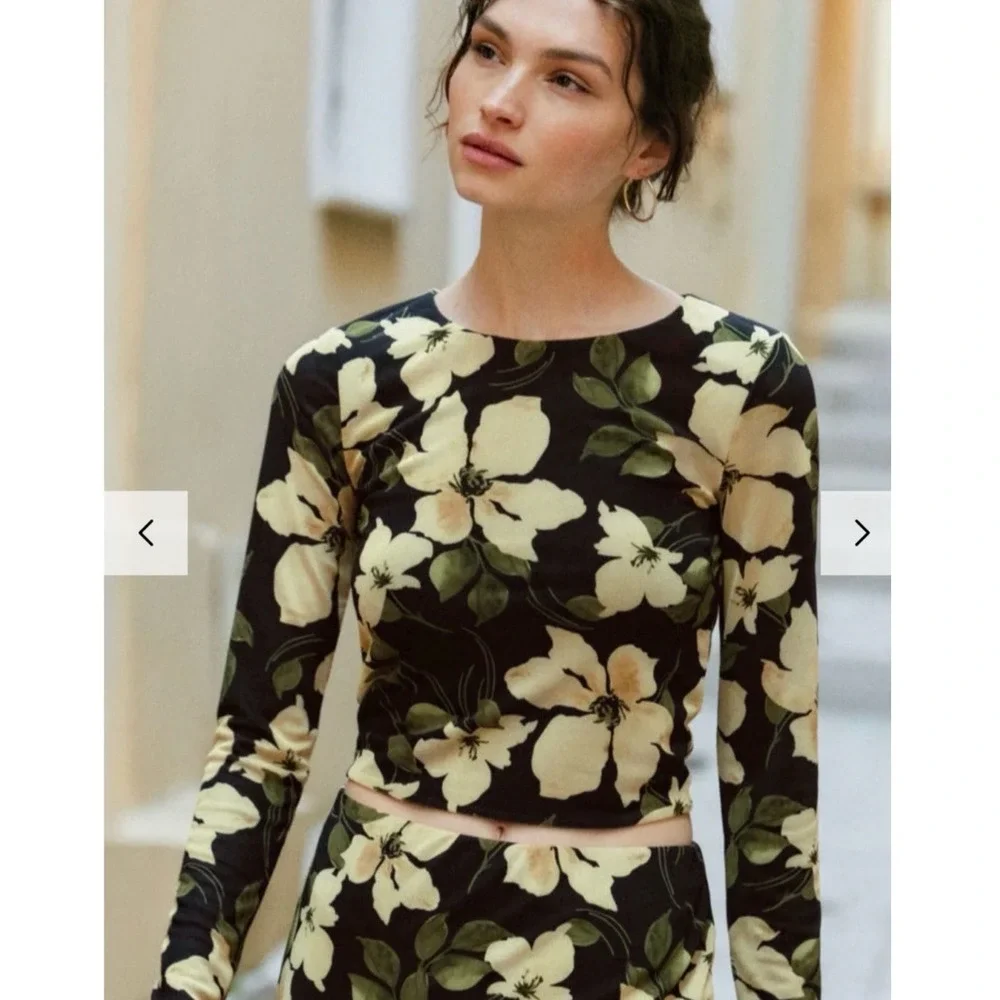 Evereve Z Supply Floral Mesh Two Piece Set Long Sleeve Maxi Skirt Black Yellow